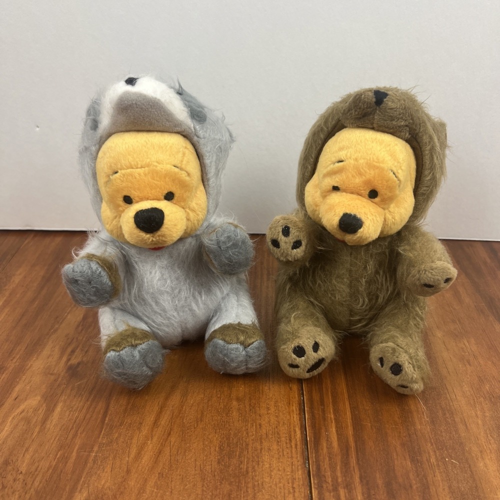 Disney Store Pooh Mini Bean Bag Fuzzy Brown Bear & Racoon 6" Plush Set Of‎ 2 Lot